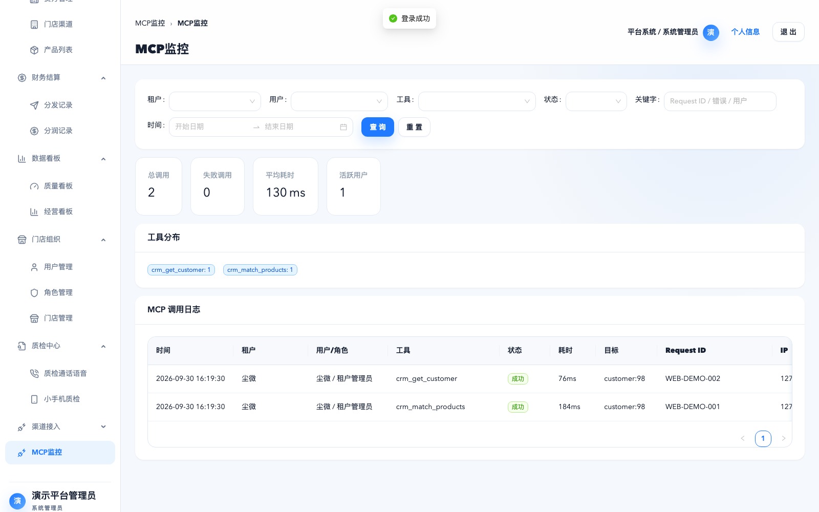 CRM MCP 监控完整界面